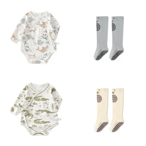 Baby Soft Cotton Bodysuit & Anti-Slip Knee Socks Set - Breathable for Summer & Air-Conditioned Rooms | Unisex Newborn Outfit