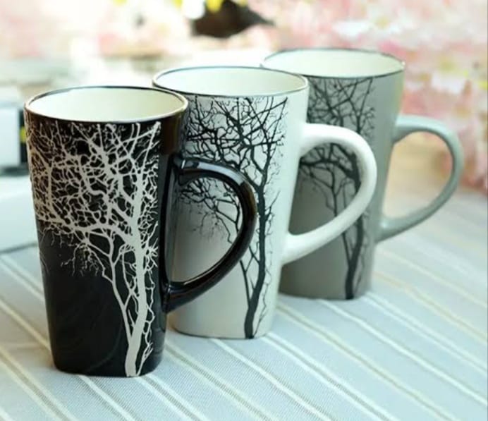 Ceramic Tree Mugs, Set Of 6 Pieces Ceramic Coffee Cups With Big Handle For Latte, Hot Tea, Cappuccino, Cocoa And Mocha - Dishwasher & Microwave Safe,