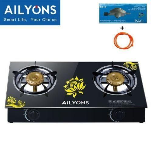 AILYONS 2 Glass Table Top Double Burner Cooker With Auto Ignitions + 1M Pipe & 6Kg Regulator- Black,
