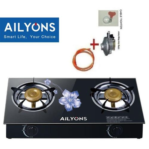 AILYONS 2 Glass Table Top Double Burner Cooker With Auto Ignitions + 1M Pipe & 6Kg Regulator- Black,