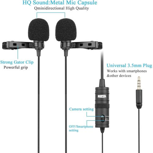 Boya BY-M1DM Dual Lavalier Mic for Two-Person Interviews Podcast Camera Smartphone Recording