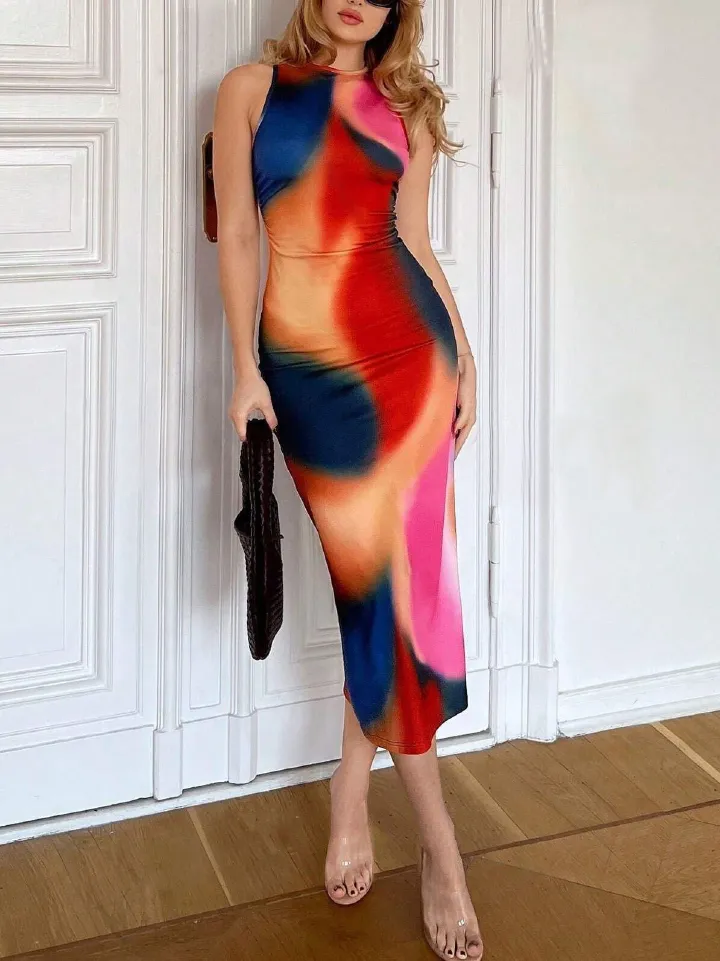 2025 African shine line American women wish independent station Europe and the United States printed slit vest bag hip skirt sexy royal sister wind dress