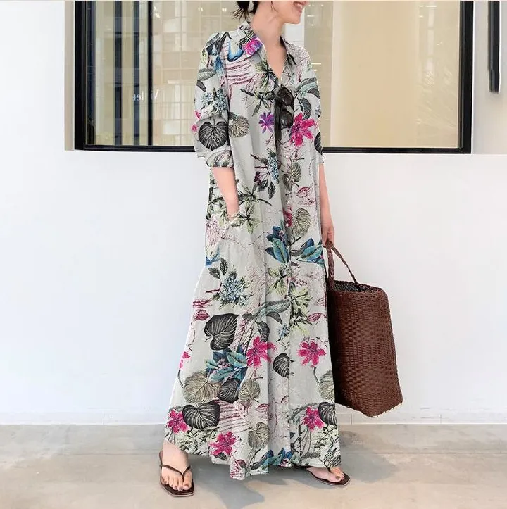 2025 new Japanese and Korean style cotton and linen print lapel long sleeve insert pocket simple loose casual long shirt temperament elegant dress