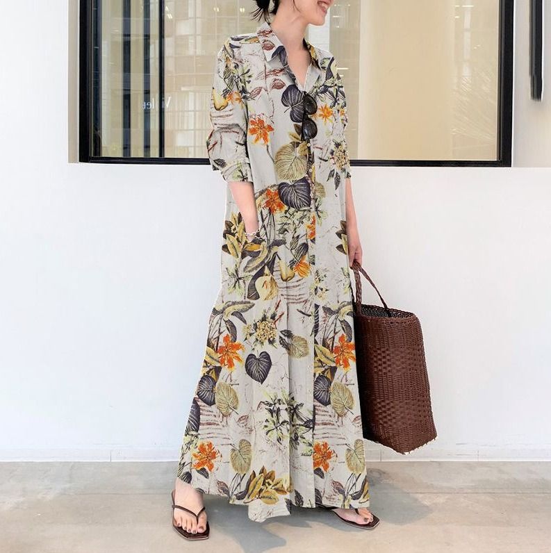 2025 new Japanese and Korean style cotton and linen print lapel long sleeve insert pocket simple loose casual long shirt temperament elegant dress