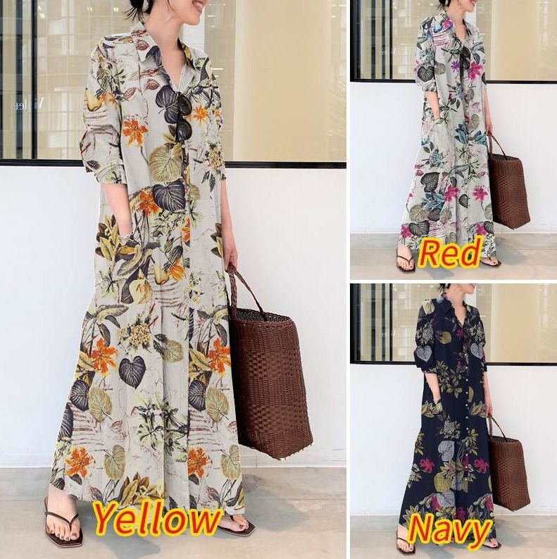 2025 new Japanese and Korean style cotton and linen print lapel long sleeve insert pocket simple loose casual long shirt temperament elegant dress