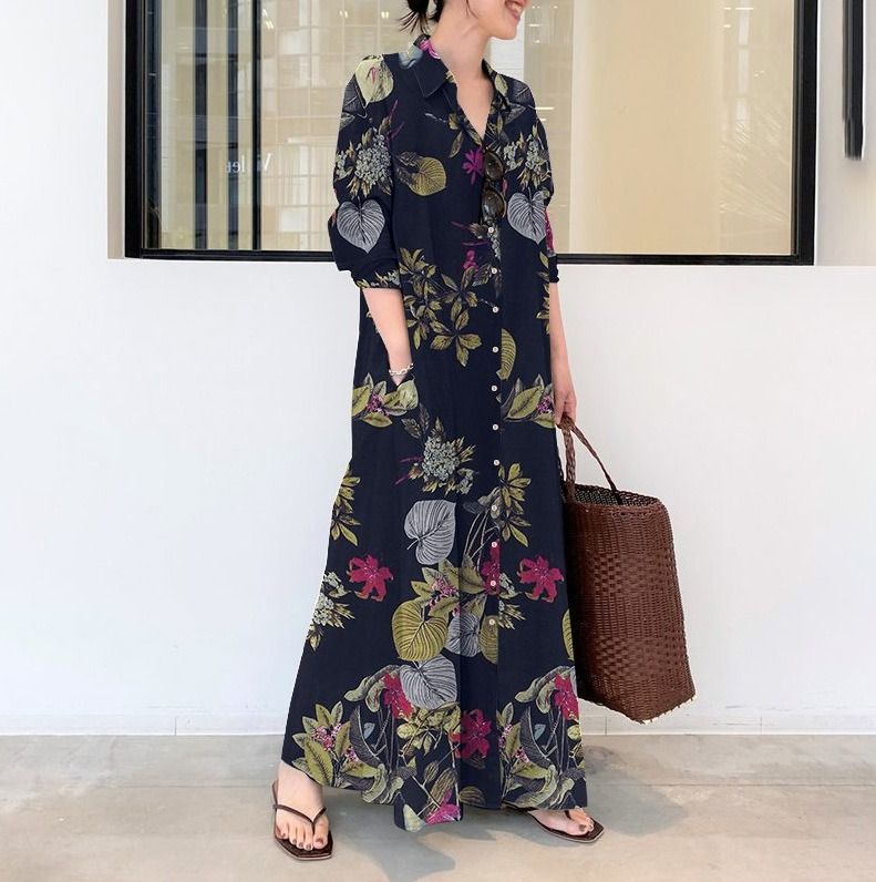 2025 new Japanese and Korean style cotton and linen print lapel long sleeve insert pocket simple loose casual long shirt temperament elegant dress