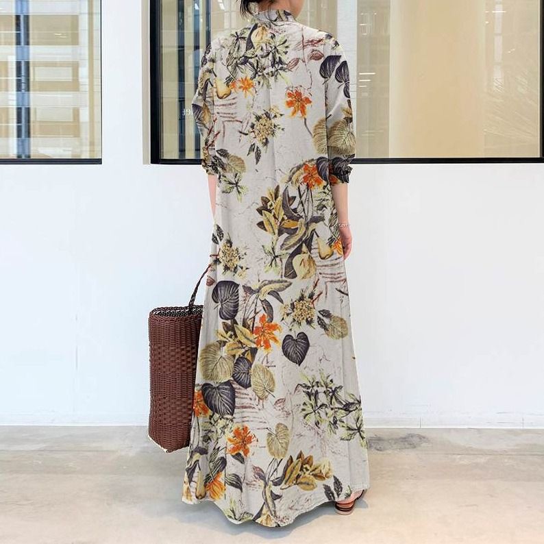 2025 new Japanese and Korean style cotton and linen print lapel long sleeve insert pocket simple loose casual long shirt temperament elegant dress