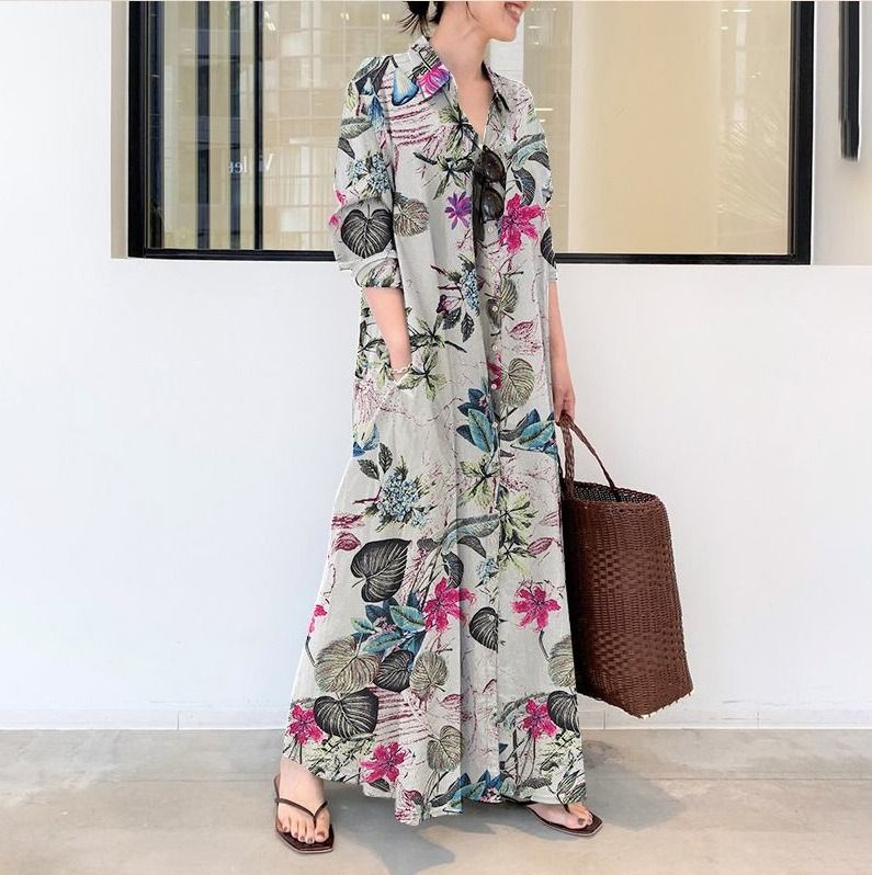 2025 new Japanese and Korean style cotton and linen print lapel long sleeve insert pocket simple loose casual long shirt temperament elegant dress