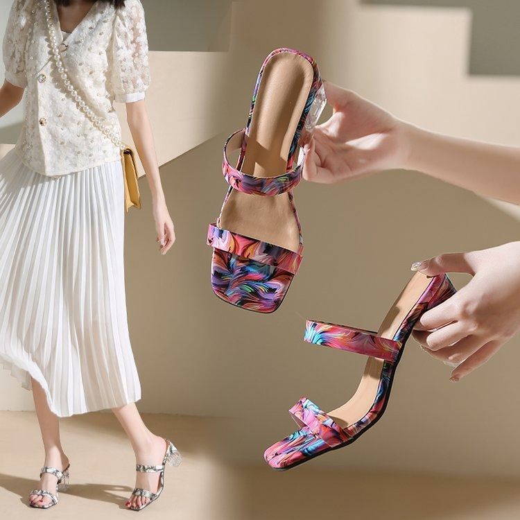 African slippers women 2025 new women's shoes summer square head fish mouth set toe thick heels high heels fashion slippers women wholesale