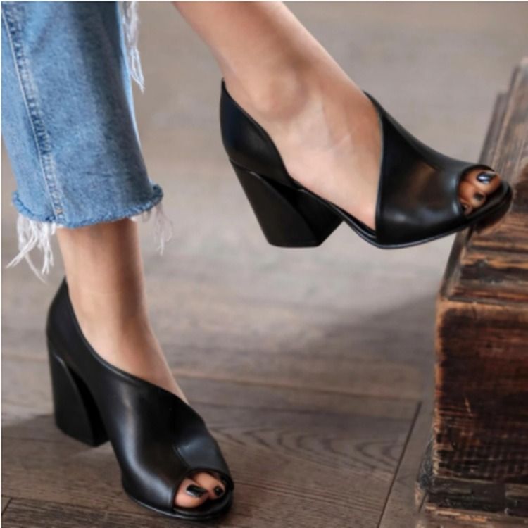 2025 Africa's new European and American foreign trade summer wedge sandals women's breathable fish mouth shoes side empty single shoes solid color splicing thick heel women's shoes wish