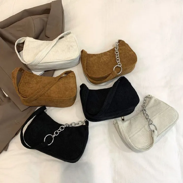 2025 Autumn/winter new portable small square bag plush single shoulder fashion retro corduroy underarm baguette bag daily with handbag
