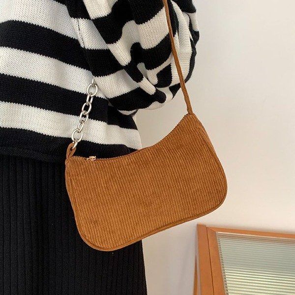 2025 Autumn/winter new portable small square bag plush single shoulder fashion retro corduroy underarm baguette bag daily with handbag