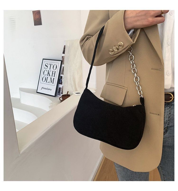 2025 Autumn/winter new portable small square bag plush single shoulder fashion retro corduroy underarm baguette bag daily with handbag