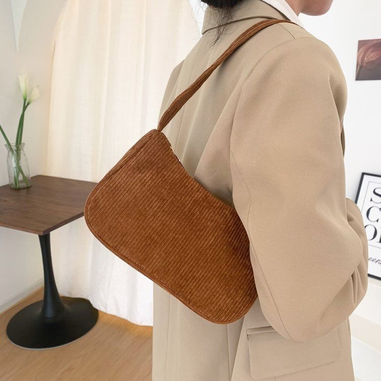 2025 Autumn/winter new portable small square bag plush single shoulder fashion retro corduroy underarm baguette bag daily with handbag