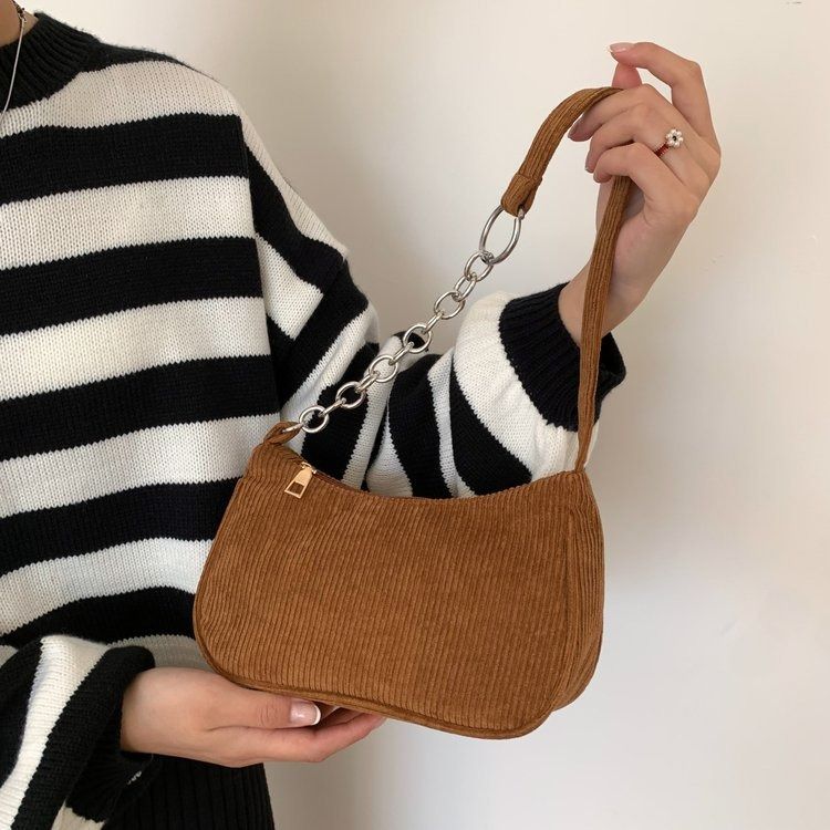 2025 Autumn/winter new portable small square bag plush single shoulder fashion retro corduroy underarm baguette bag daily with handbag