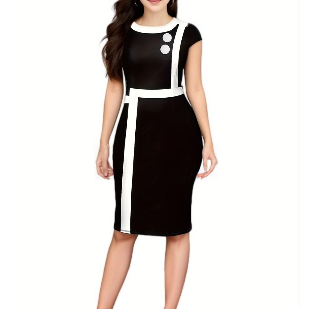 2025 new European station Amazon women Europe and the United States round neck button color slim-fit long pencil commuter dress
