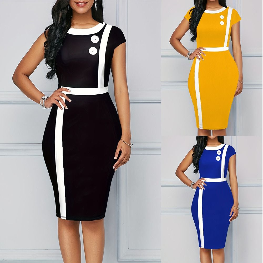 2025 new European station Amazon women Europe and the United States round neck button color slim-fit long pencil commuter dress