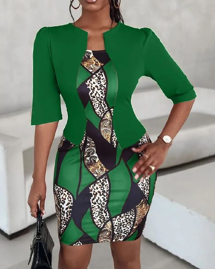 Africa Europe America Fashion Printed Dress 2025 Summer Dress New   T9087 Plus Size Women's WearU-neck Quarter Sleeve Printed Bag Hip Fashion Commuter Dress Print Pattern Temperament Elegant