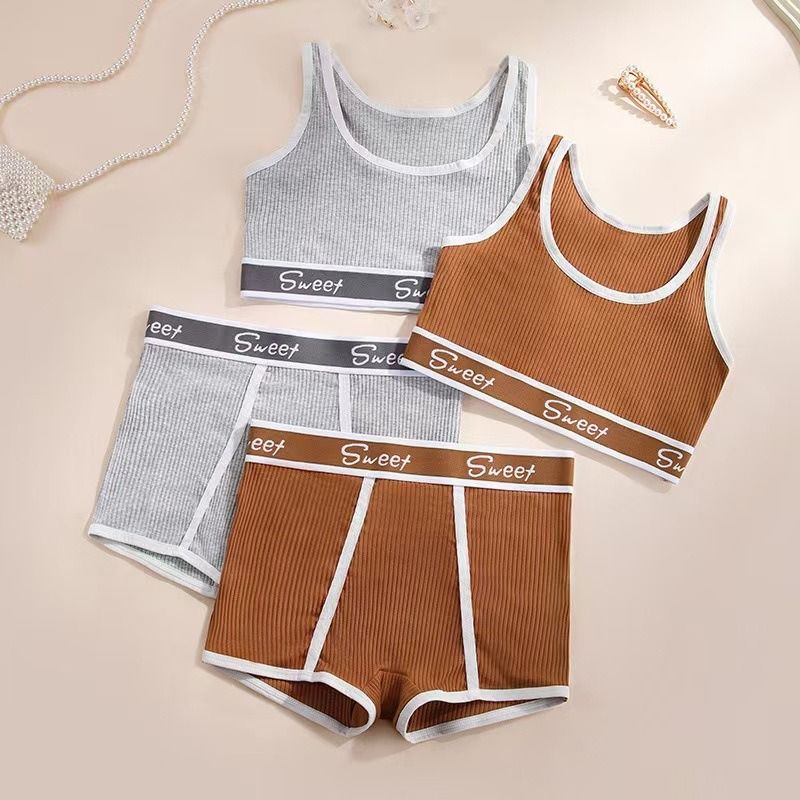 2025 Africa new European and American spice girls fitness pure cotton ladies underwear wide edge letter sports vest mid-waist boxers gathered breathable on top of the beauty back bra set