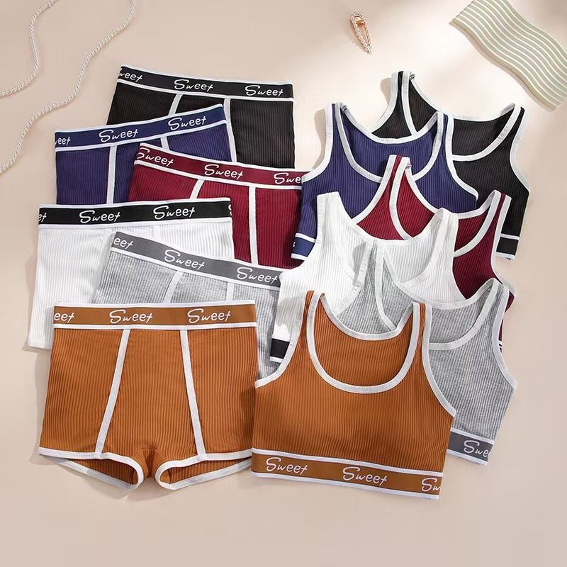 2025 Africa new European and American spice girls fitness pure cotton ladies underwear wide edge letter sports vest mid-waist boxers gathered breathable on top of the beauty back bra set