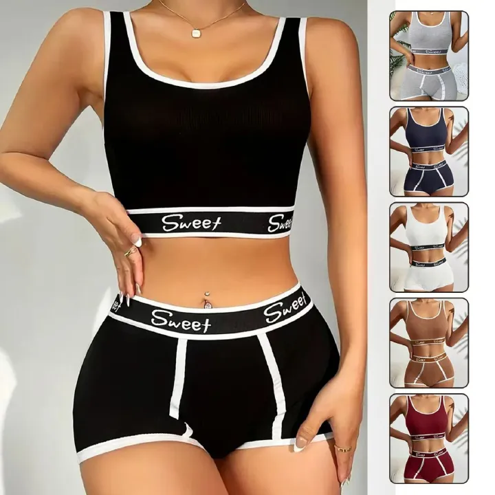 2025 Africa new European and American spice girls fitness pure cotton ladies underwear wide edge letter sports vest mid-waist boxers gathered breathable on top of the beauty back bra set