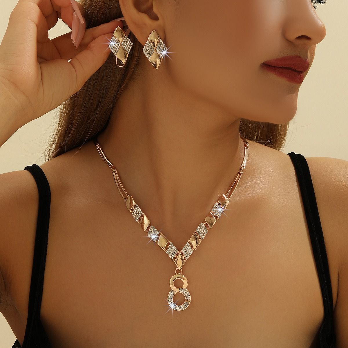 Hot Gold Zinc Alloy Inlaid 2025 Africa Europe America White Rhinestone Metal 8-figure Necklace Earrings Rhinestone Metal Ieopard Head Necklace Earrings Water Drop Necklace Earrings Set Women's Jewelry