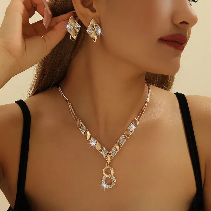 Hot Gold Zinc Alloy Inlaid 2025 Africa Europe America White Rhinestone Metal 8-figure Necklace Earrings Rhinestone Metal Ieopard Head Necklace Earrings Water Drop Necklace Earrings Set Women's Jewelry