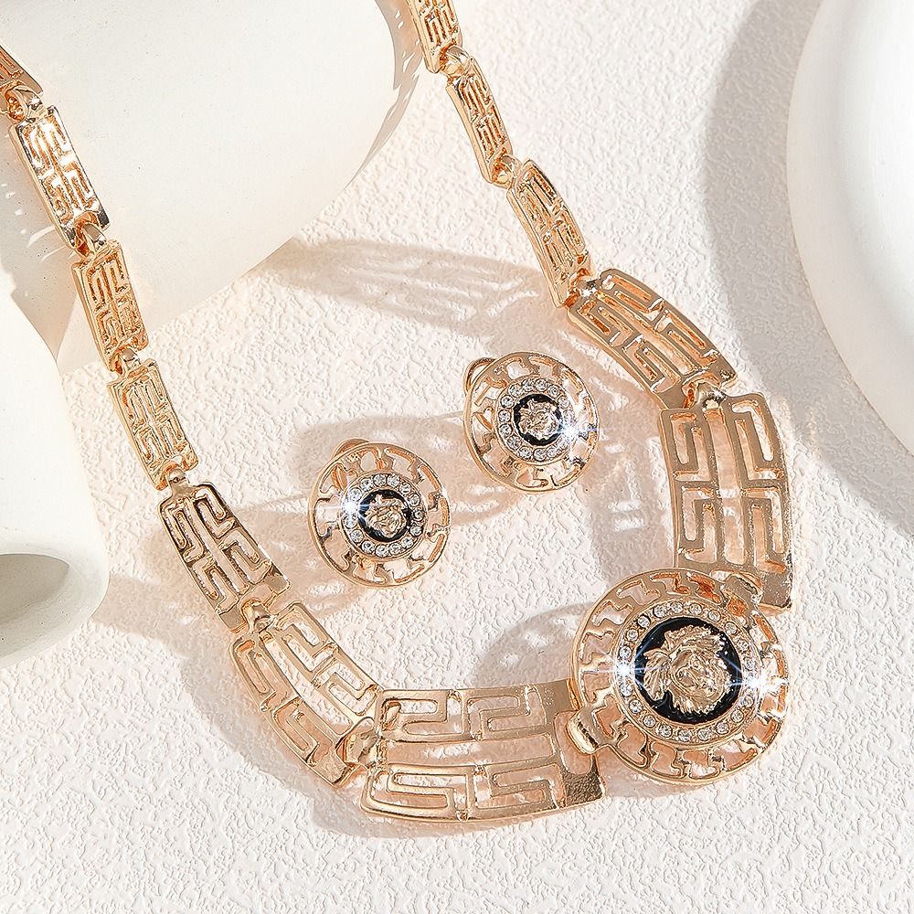 Hot Gold Zinc Alloy Inlaid 2025 Africa Europe America White Rhinestone Metal 8-figure Necklace Earrings Rhinestone Metal Ieopard Head Necklace Earrings Water Drop Necklace Earrings Set Women's Jewelry