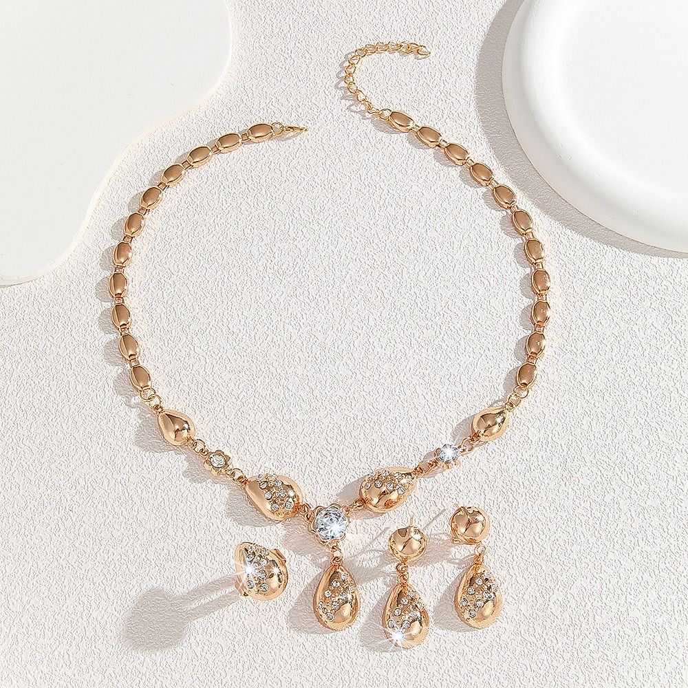 Hot Gold Zinc Alloy Inlaid 2025 Africa Europe America White Rhinestone Metal 8-figure Necklace Earrings Rhinestone Metal Ieopard Head Necklace Earrings Water Drop Necklace Earrings Set Women's Jewelry