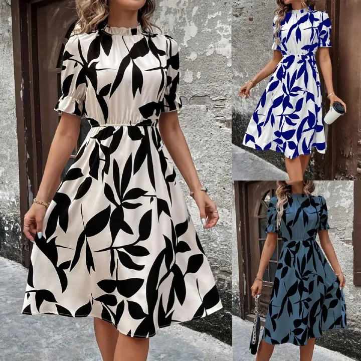 Spring & Autumn 2025 Africa Europe America Women's Amazon Explosive Fashion Short Sleeve Round Neck Ruffled Print  Large Hemline Tunic dress Plant & Flower Patterns Printing Process Sweet Fresh Style