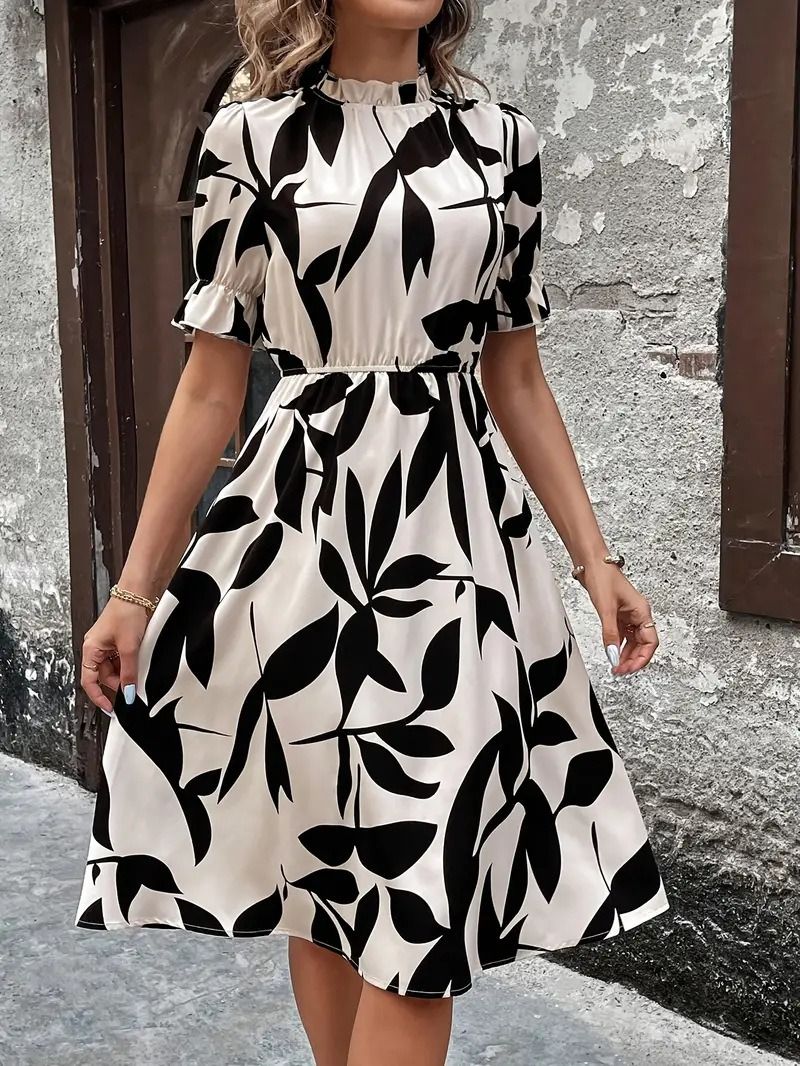 Spring & Autumn 2025 Africa Europe America Women's Amazon Explosive Fashion Short Sleeve Round Neck Ruffled Print  Large Hemline Tunic dress Plant & Flower Patterns Printing Process Sweet Fresh Style