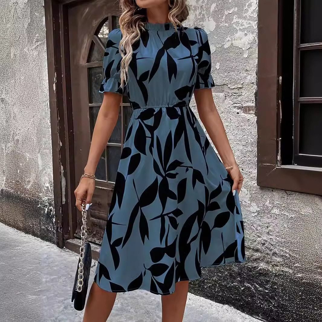 Spring & Autumn 2025 Africa Europe America Women's Amazon Explosive Fashion Short Sleeve Round Neck Ruffled Print  Large Hemline Tunic dress Plant & Flower Patterns Printing Process Sweet Fresh Style