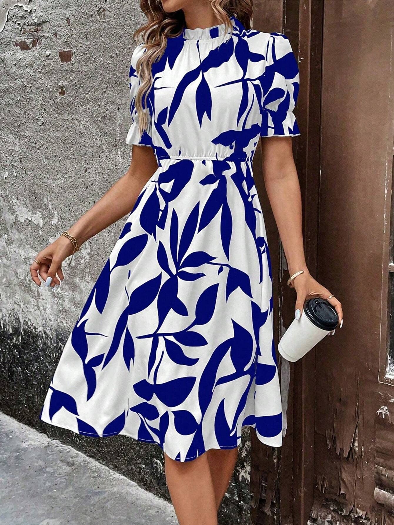 Spring & Autumn 2025 Africa Europe America Women's Amazon Explosive Fashion Short Sleeve Round Neck Ruffled Print  Large Hemline Tunic dress Plant & Flower Patterns Printing Process Sweet Fresh Style