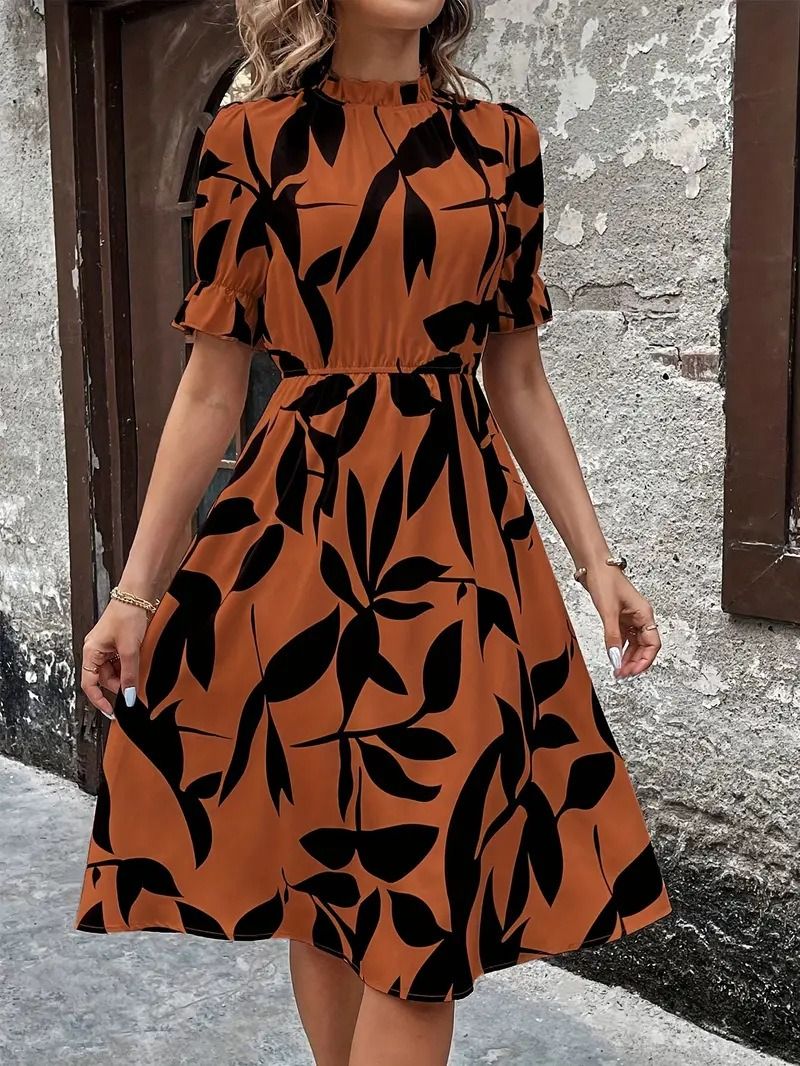 Spring & Autumn 2025 Africa Europe America Women's Amazon Explosive Fashion Short Sleeve Round Neck Ruffled Print  Large Hemline Tunic dress Plant & Flower Patterns Printing Process Sweet Fresh Style