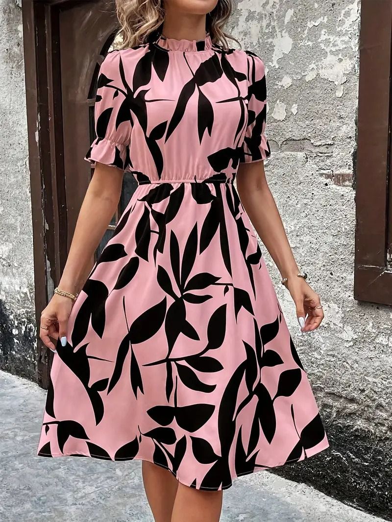 Spring & Autumn 2025 Africa Europe America Women's Amazon Explosive Fashion Short Sleeve Round Neck Ruffled Print  Large Hemline Tunic dress Plant & Flower Patterns Printing Process Sweet Fresh Style