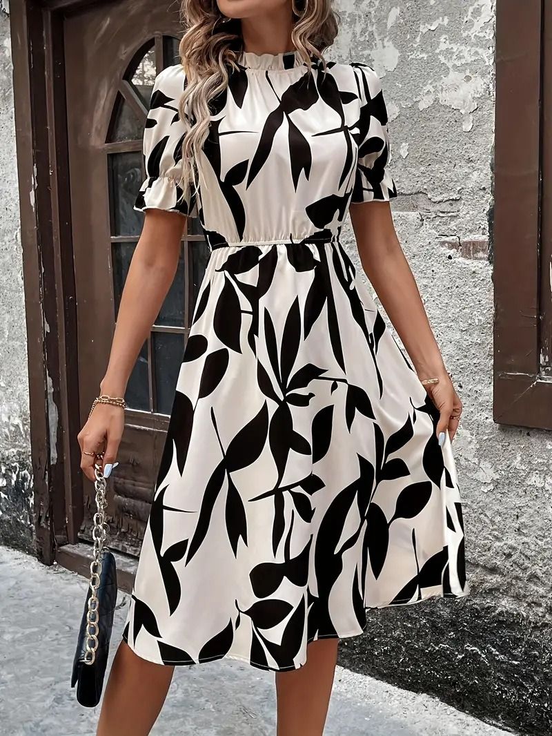 Spring & Autumn 2025 Africa Europe America Women's Amazon Explosive Fashion Short Sleeve Round Neck Ruffled Print  Large Hemline Tunic dress Plant & Flower Patterns Printing Process Sweet Fresh Style