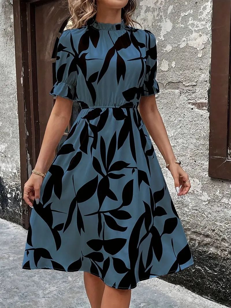 Spring & Autumn 2025 Africa Europe America Women's Amazon Explosive Fashion Short Sleeve Round Neck Ruffled Print  Large Hemline Tunic dress Plant & Flower Patterns Printing Process Sweet Fresh Style