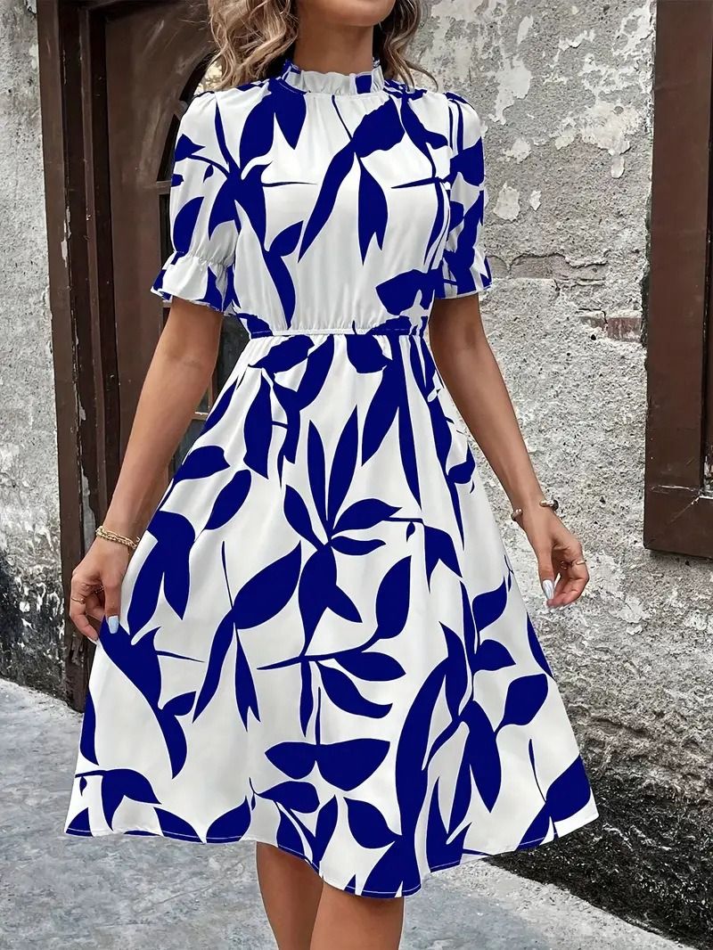 Spring & Autumn 2025 Africa Europe America Women's Amazon Explosive Fashion Short Sleeve Round Neck Ruffled Print  Large Hemline Tunic dress Plant & Flower Patterns Printing Process Sweet Fresh Style