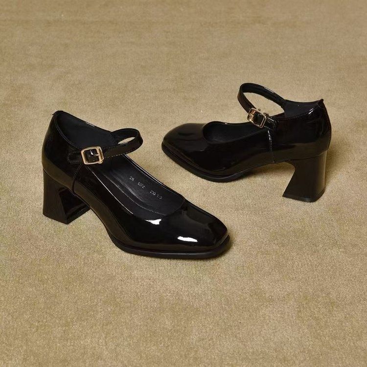 African European American Soft Leather Mother Shoes 2025 Spring & Autumn One-toe Square Toe Leather Shoes Medium-heeled Wear-resistant Mary Jane Shoes Comfortable Single-shoe Low-top Casual Style