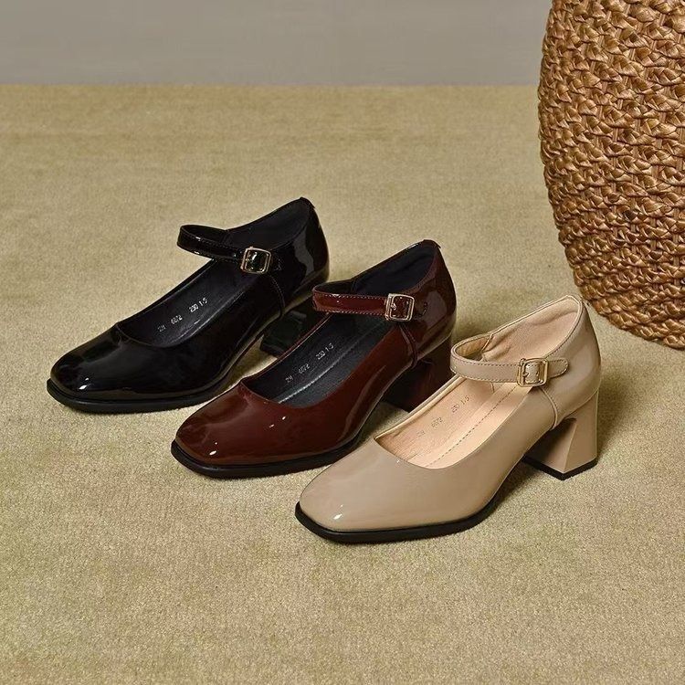 African European American Soft Leather Mother Shoes 2025 Spring & Autumn One-toe Square Toe Leather Shoes Medium-heeled Wear-resistant Mary Jane Shoes Comfortable Single-shoe Low-top Casual Style