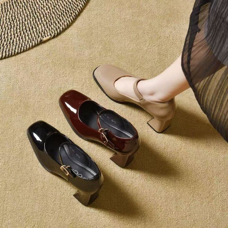 African European American Soft Leather Mother Shoes 2025 Spring & Autumn One-toe Square Toe Leather Shoes Medium-heeled Wear-resistant Mary Jane Shoes Comfortable Single-shoe Low-top Casual Style