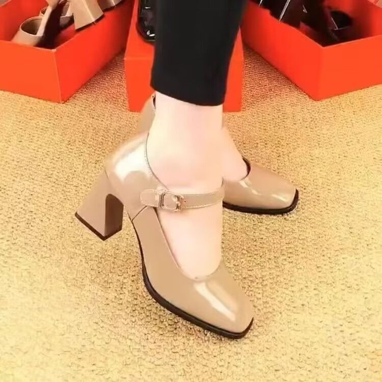 African European American Soft Leather Mother Shoes 2025 Spring & Autumn One-toe Square Toe Leather Shoes Medium-heeled Wear-resistant Mary Jane Shoes Comfortable Single-shoe Low-top Casual Style