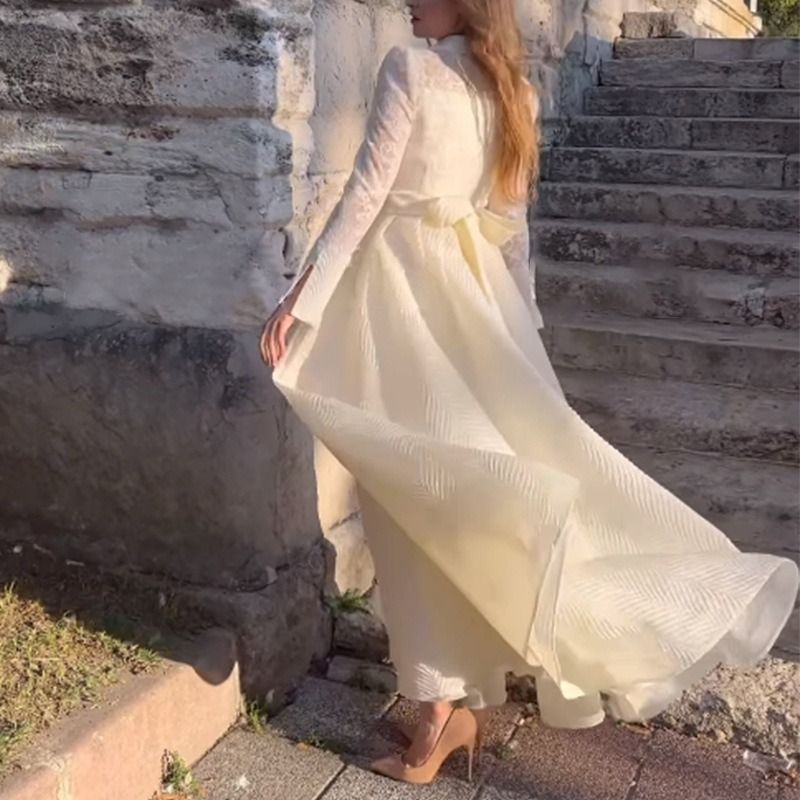 2025 New Style African European  American White Front Corsage Lace Chiffon Vintage-style Long-sleeved Fashionable Slim-fit Evening Dress Featuring 3D Pattern Elements Elegant Stylish Style