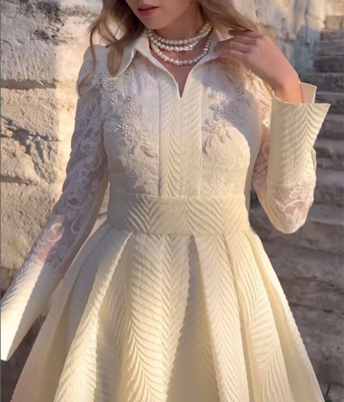 2025 New Style African European  American White Front Corsage Lace Chiffon Vintage-style Long-sleeved Fashionable Slim-fit Evening Dress Featuring 3D Pattern Elements Elegant Stylish Style