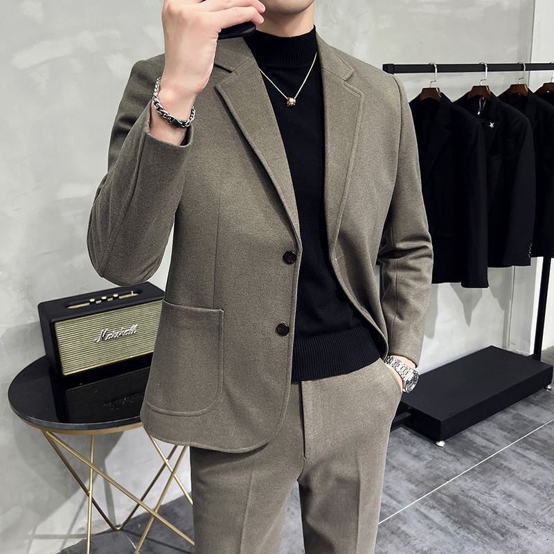 2026 Spring/Summer Thick Wool Casual Men Suit Korean Edition Slim-fit British Style Cool Stylish Men's Suit Set Double-Breasted Design Retro Flat Collar Simple simple Elegant Soft Comfortable Durable