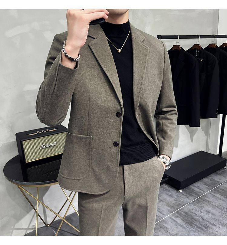 2026 Spring/Summer Thick Wool Casual Men Suit Korean Edition Slim-fit British Style Cool Stylish Men's Suit Set Double-Breasted Design Retro Flat Collar Simple simple Elegant Soft Comfortable Durable
