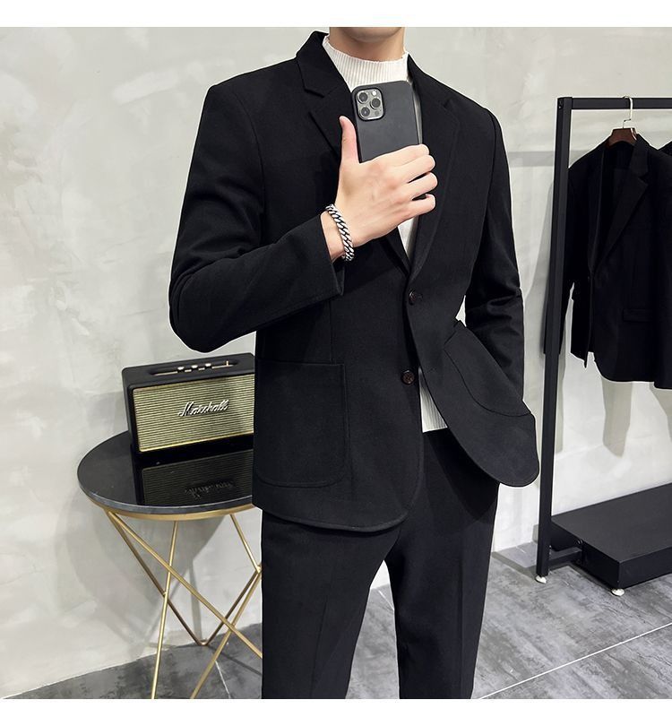 2026 Spring/Summer Thick Wool Casual Men Suit Korean Edition Slim-fit British Style Cool Stylish Men's Suit Set Double-Breasted Design Retro Flat Collar Simple simple Elegant Soft Comfortable Durable