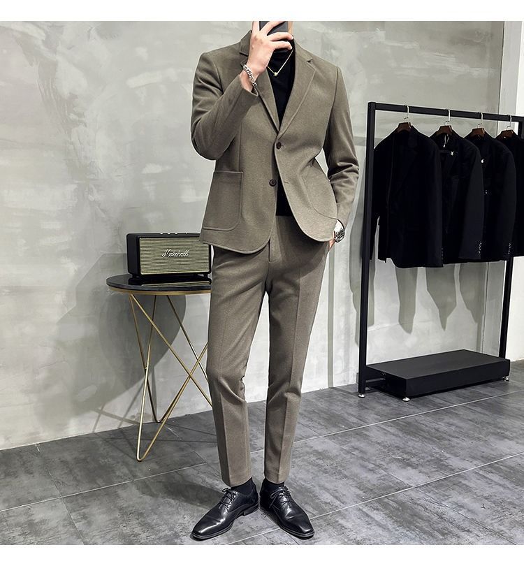 2026 Spring/Summer Thick Wool Casual Men Suit Korean Edition Slim-fit British Style Cool Stylish Men's Suit Set Double-Breasted Design Retro Flat Collar Simple simple Elegant Soft Comfortable Durable