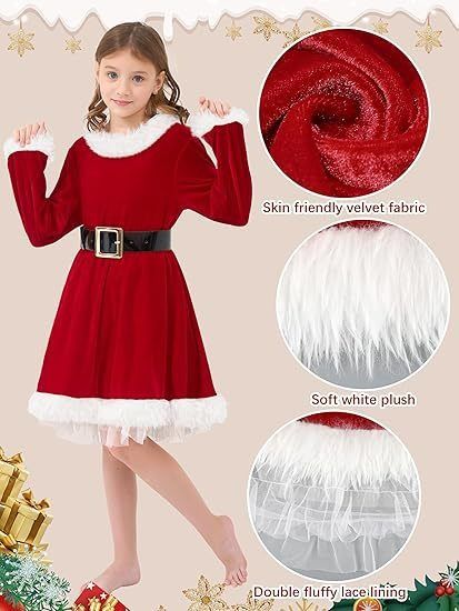 African European American 2025 New Christmas Clothing Santa Claus Girl Dress for Children Mrs. Claus Costume Stage Wear Christmas Tree Dress Long-sleeved Dress Christmas Stage Performance Clothing