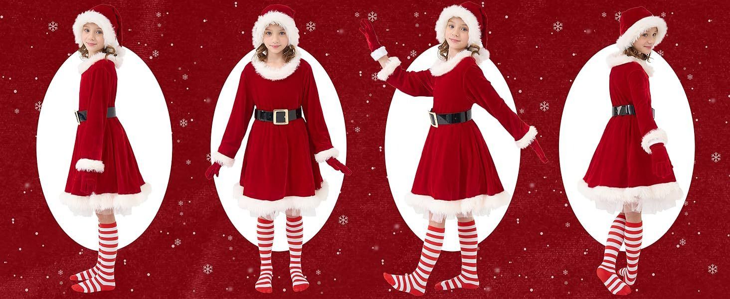 African European American 2025 New Christmas Clothing Santa Claus Girl Dress for Children Mrs. Claus Costume Stage Wear Christmas Tree Dress Long-sleeved Dress Christmas Stage Performance Clothing